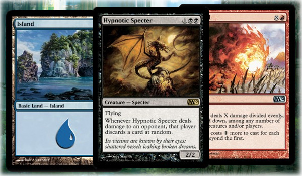Exemplos dos tipos de carta do Magic: Terreno, Criatura, Feitiço, Instantânea, Encantamento, Artefato e Planeswalker.